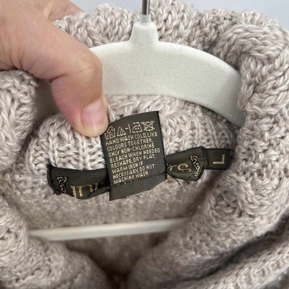 inis crafts merino 100% wool Sweater L Tan Long Full Zip Cable Knit Ireland Boho - Picture 11 of 12